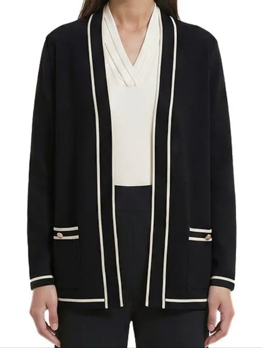 Anne Klein Malibu Contrast Piping Cardigan Black Open Front